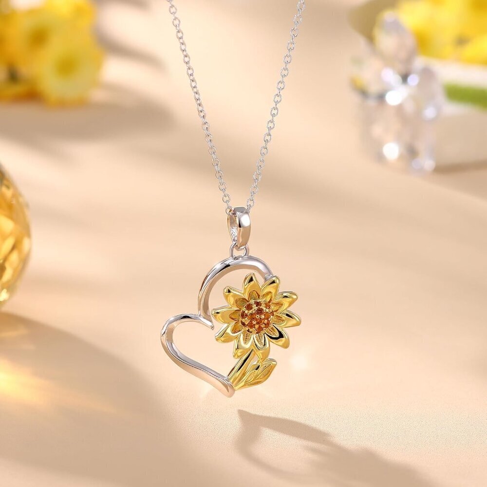 Sterling Silver Sunflower Necklace 14K Gold Plated Heart Pendant Gift for Women - Picture 3 of 6